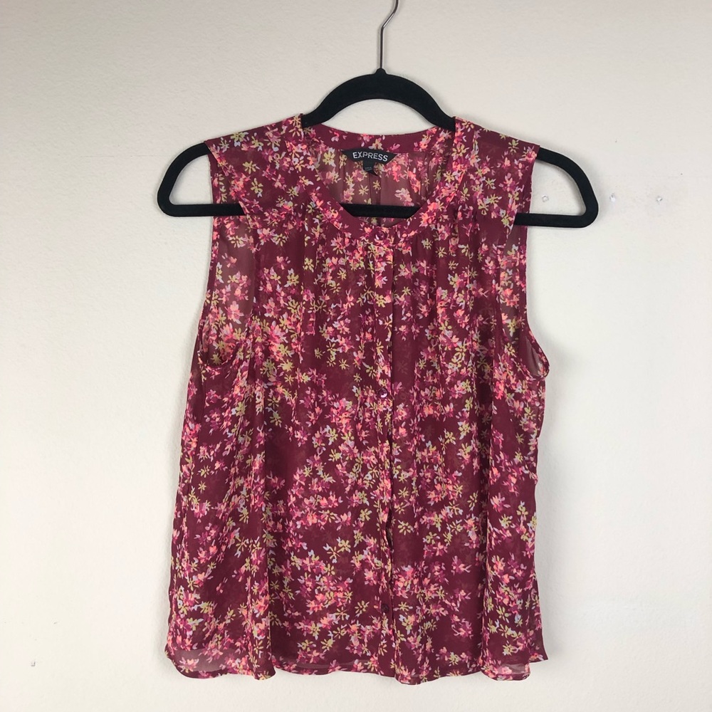 EXPRESS WOMEN’S FLORAL BURGUNDY SHEER SHIRT IN M